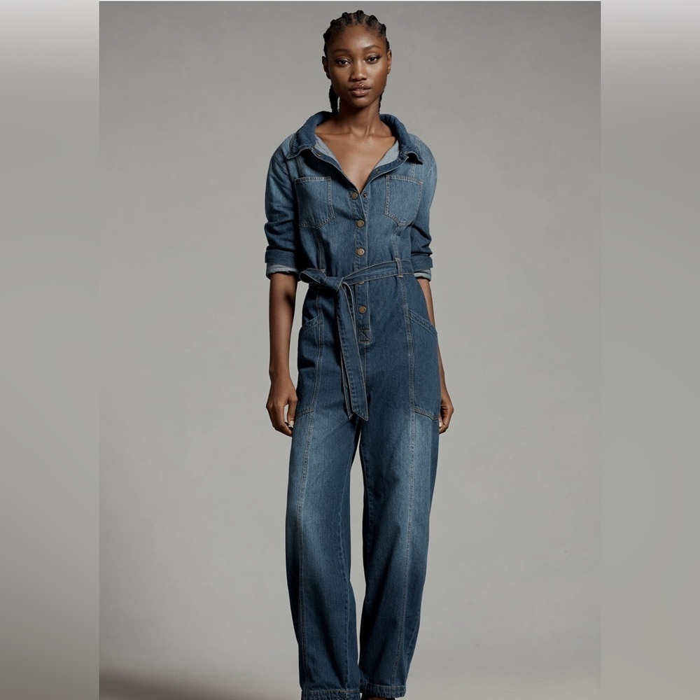Anthropologie Pilcro Relaxed Blue Denim Utility Jumpsuit Overalls Size L